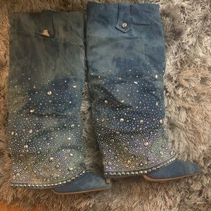 Denim rhinestone boots